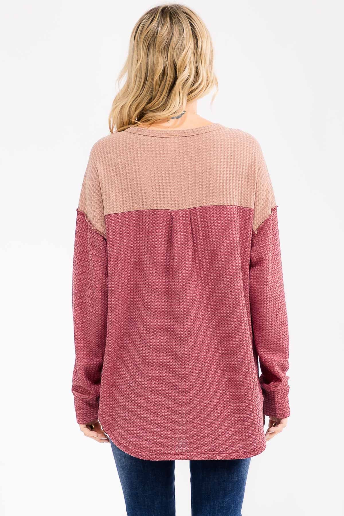 Burgundy Waffle Knit Colorblock Top