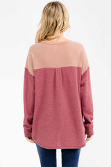 Burgundy Waffle Knit Colorblock Top