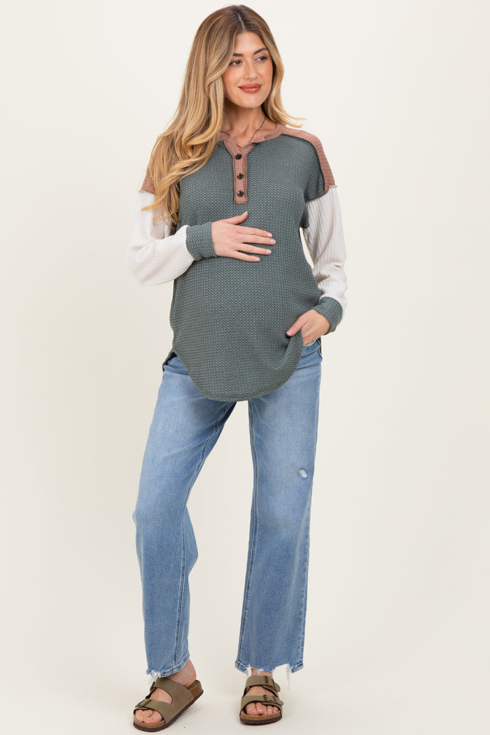 Olive Colorblock Relaxed Waffle Knit Maternity Henley