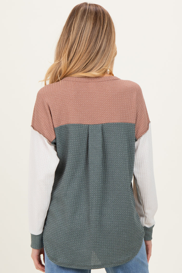 Olive Colorblock Relaxed Waffle Knit Maternity Henley