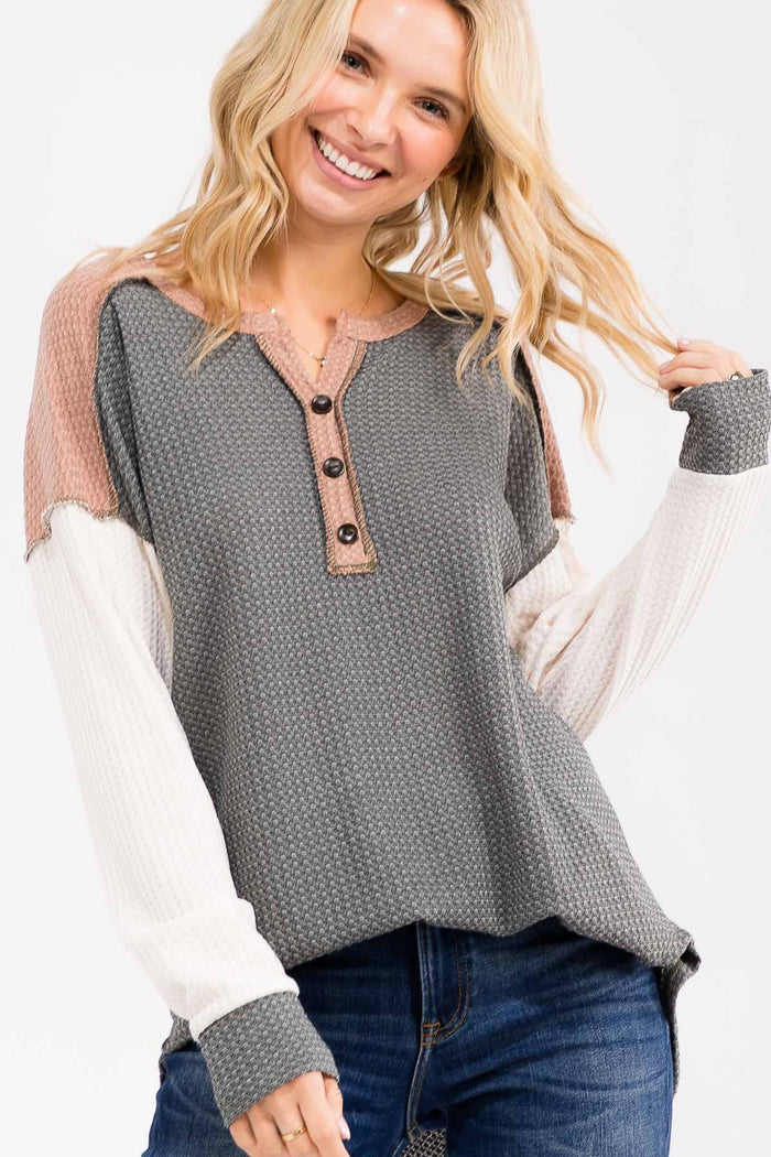 Olive Colorblock Relaxed Waffle Knit Henley