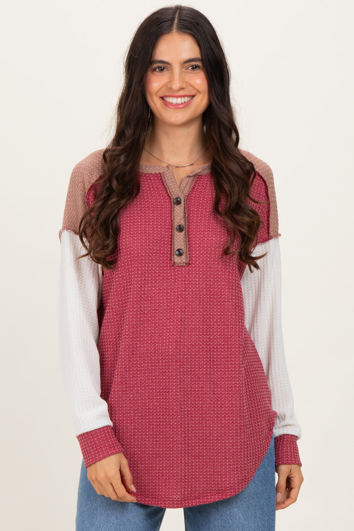 Burgundy Colorblock Relaxed Waffle Knit Maternity Henley