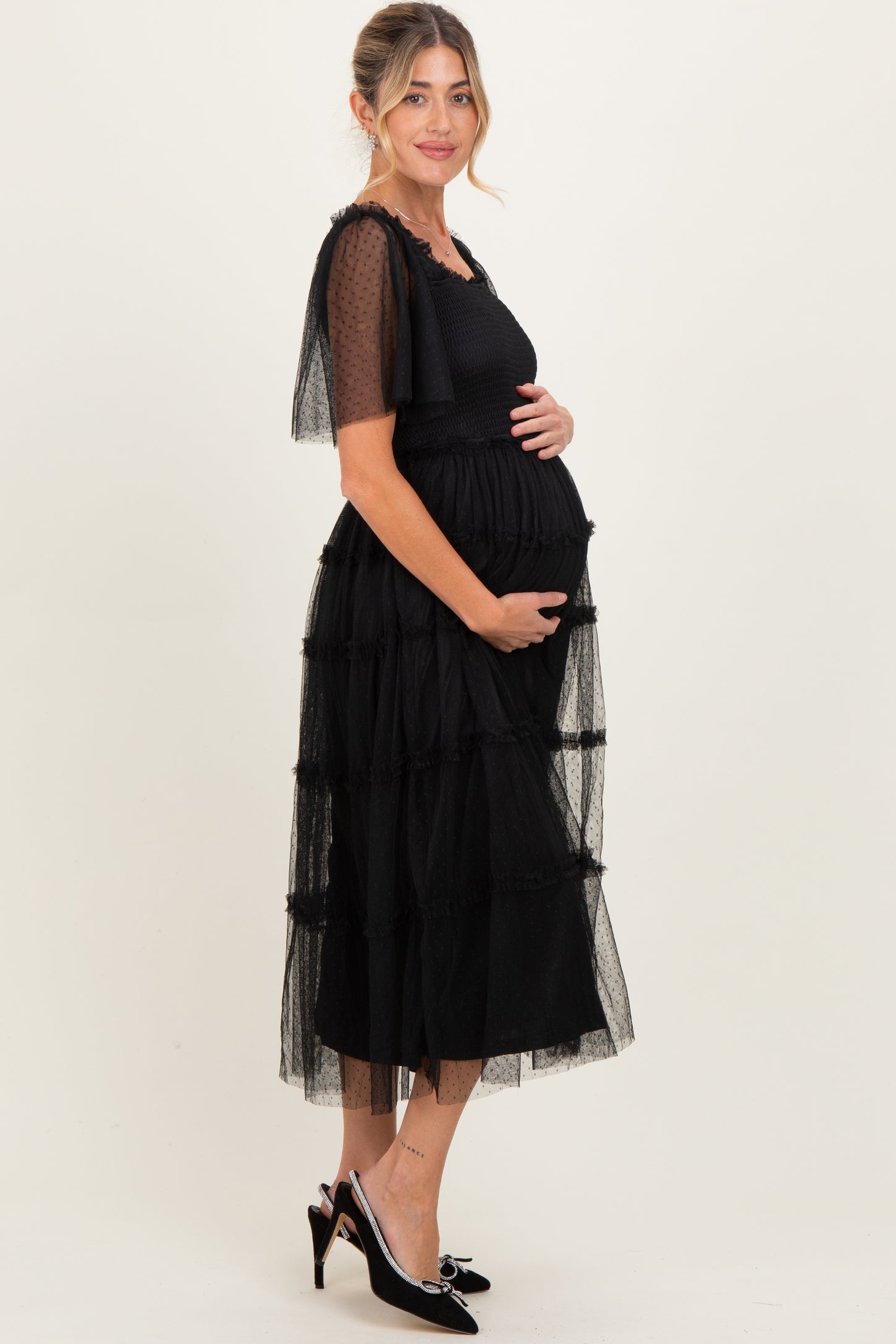 Black Ruffled Mesh Maternity Maxi Dress