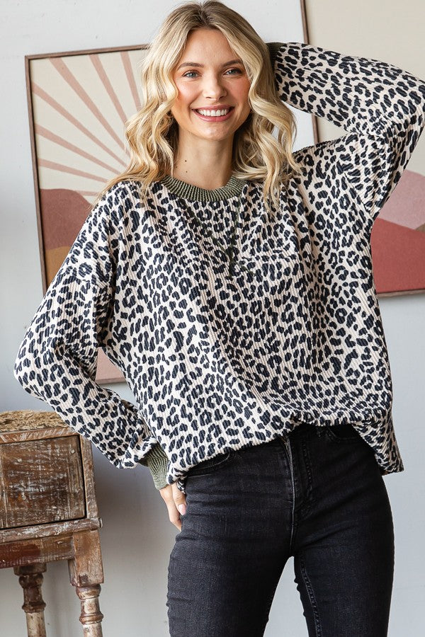 Beige Ribbed Animal Print Contrast Trim Maternity Pullover