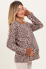 Beige Ribbed Animal Print Contrast Trim Maternity Pullover