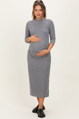 Charcoal Ribbed Knit Mock Neck Long Sleeve Ruched Maternity Dress