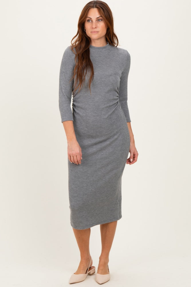 Charcoal Ribbed Knit Mock Neck Long Sleeve Ruched Maternity Dress
