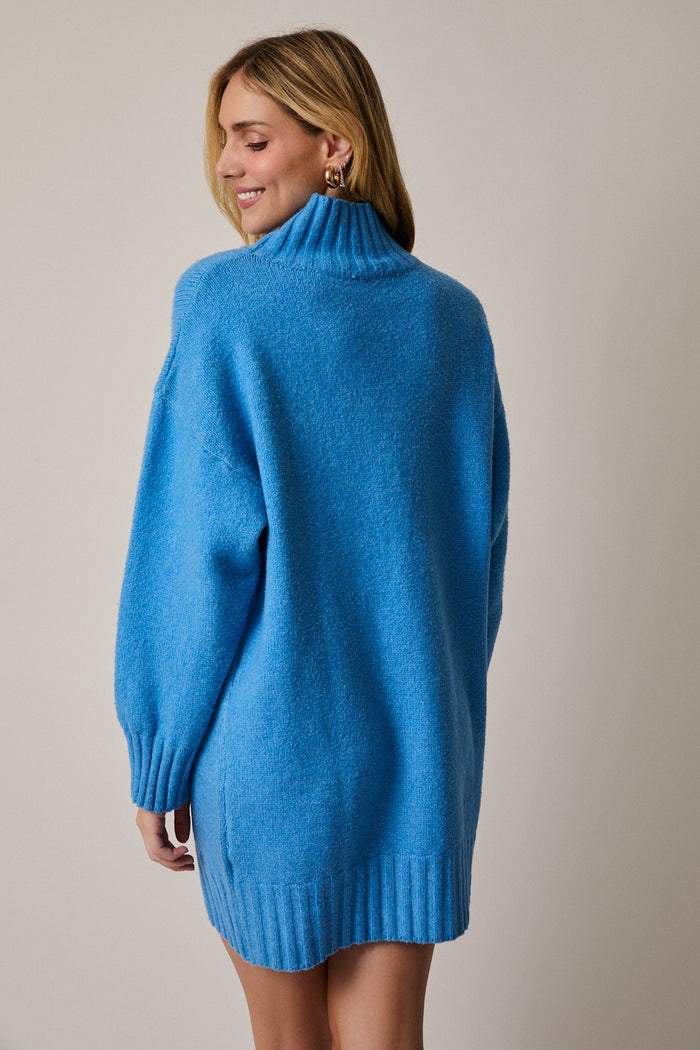 Blue Mock Neck Long Sleeve Sweater Dress