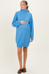 Blue Mock Neck Long Sleeve Maternity Sweater Dress