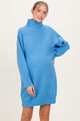 Blue Mock Neck Long Sleeve Maternity Sweater Dress