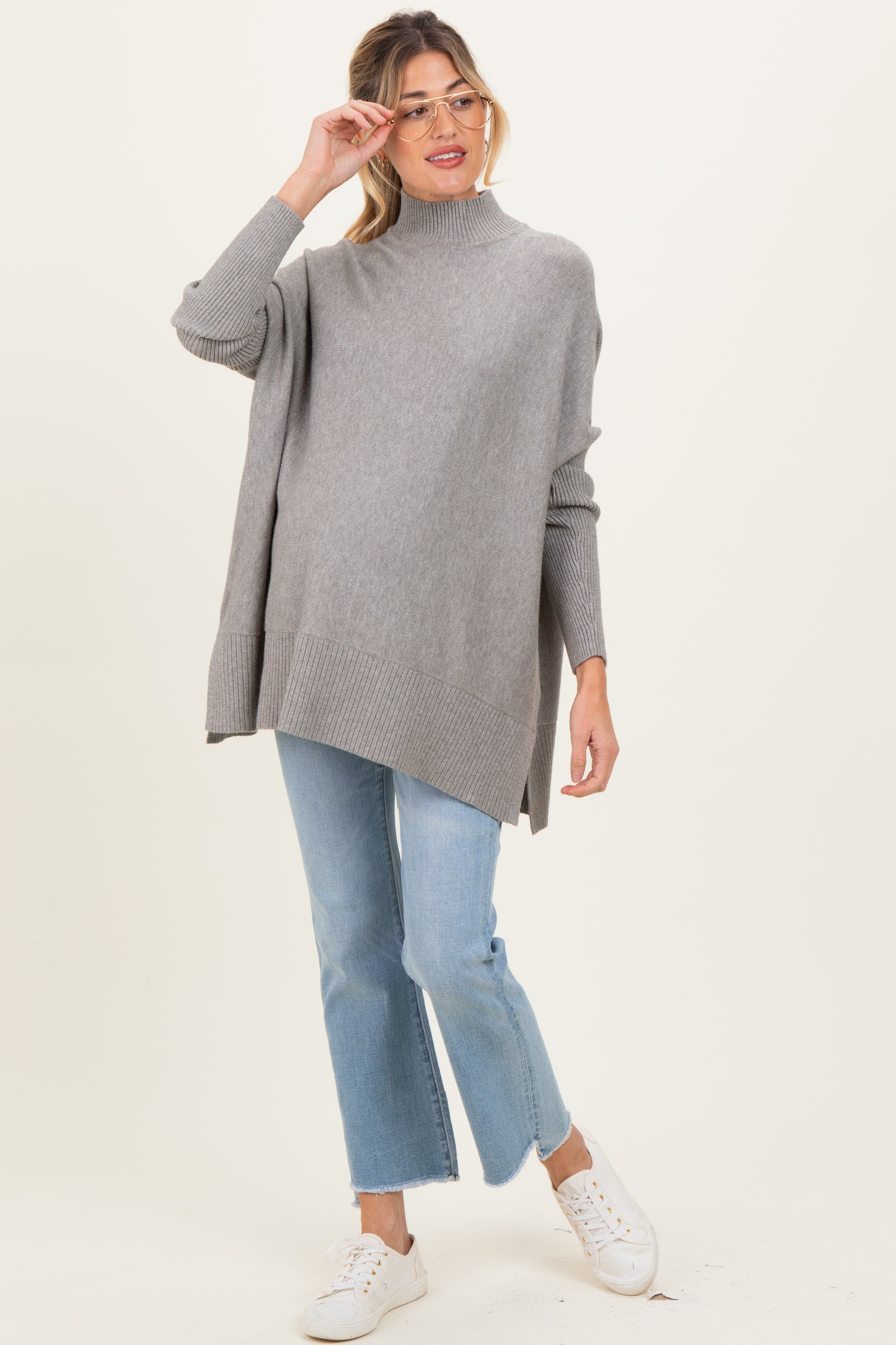 Grey Mock Neck Oversized Sir Slit Maternity Sweater Top