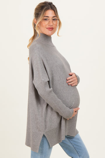 Grey Mock Neck Oversized Sir Slit Maternity Sweater Top