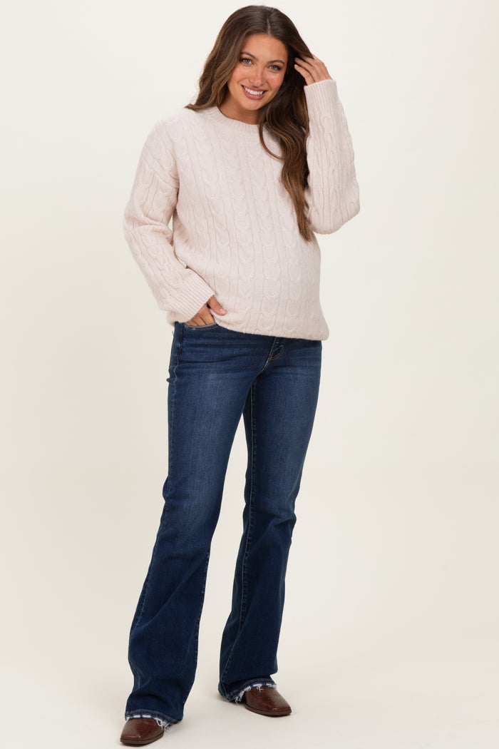 Beige Braid Knit Pattern Soft Fluffy Maternity Sweater Top