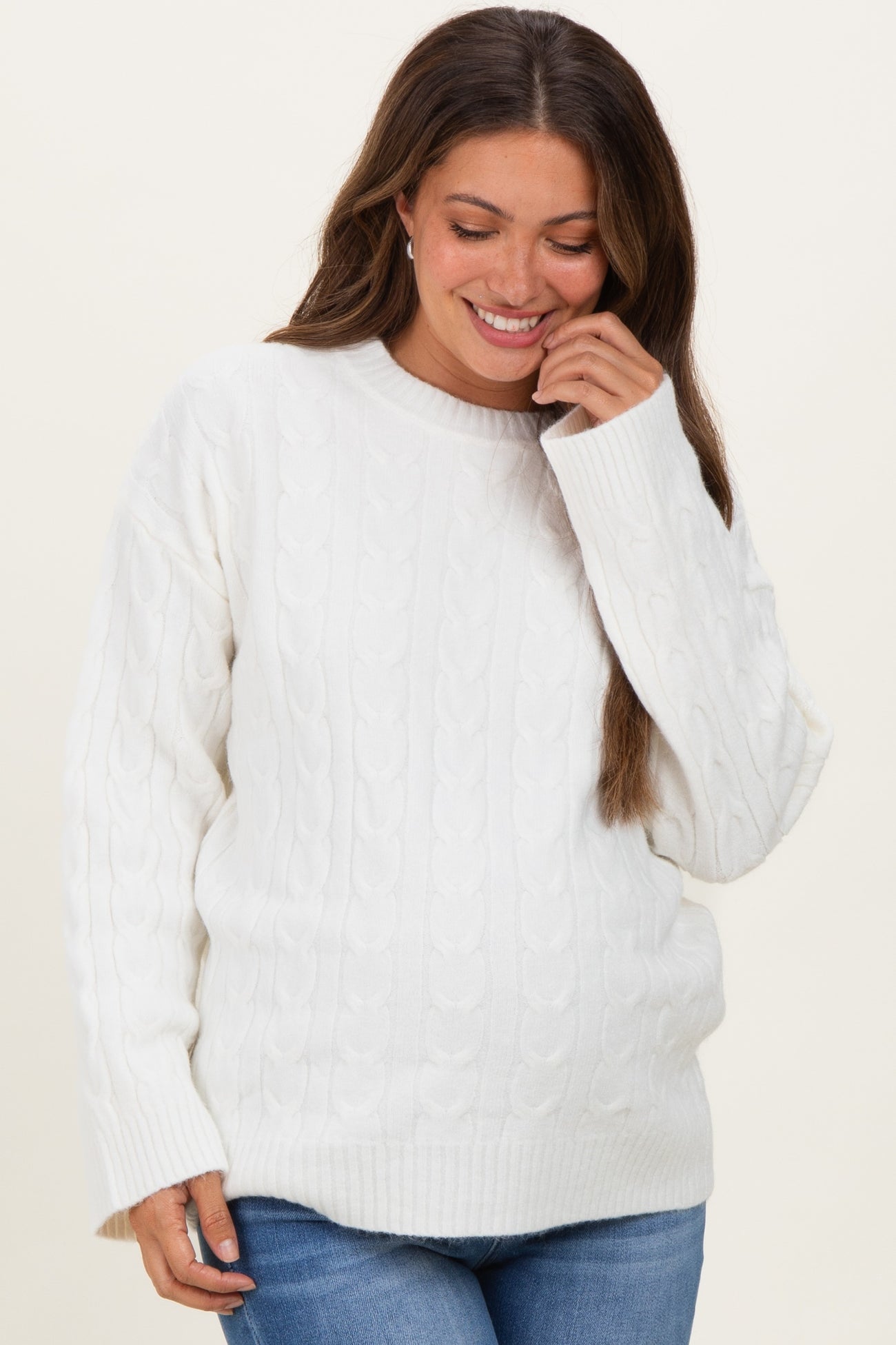 Ivory Braid Knit Pattern Soft Fluffy Maternity Sweater Top