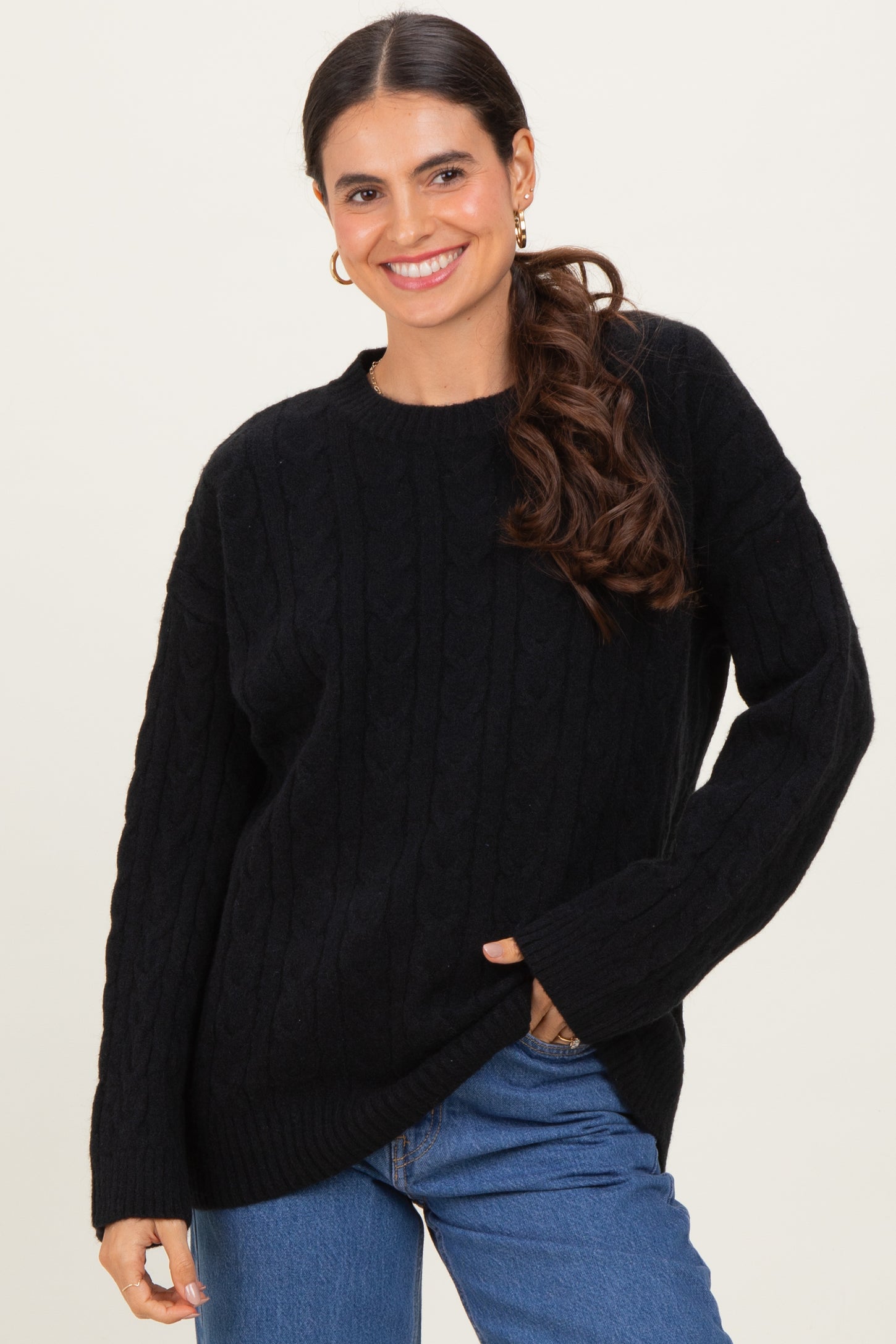 Black Braid Knit Pattern Soft Fluffy Maternity Sweater Top
