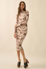 Cream Floral Mesh Long Sleeve Midi Dress