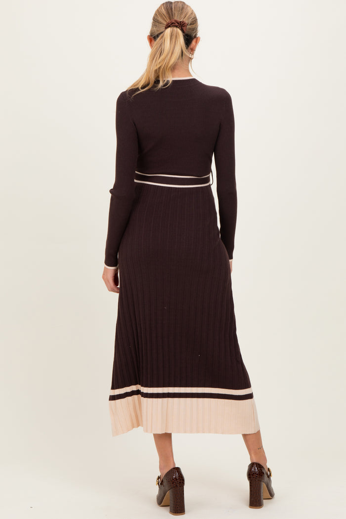 Brown Ribbed Midi Sweater Dress With Belt
