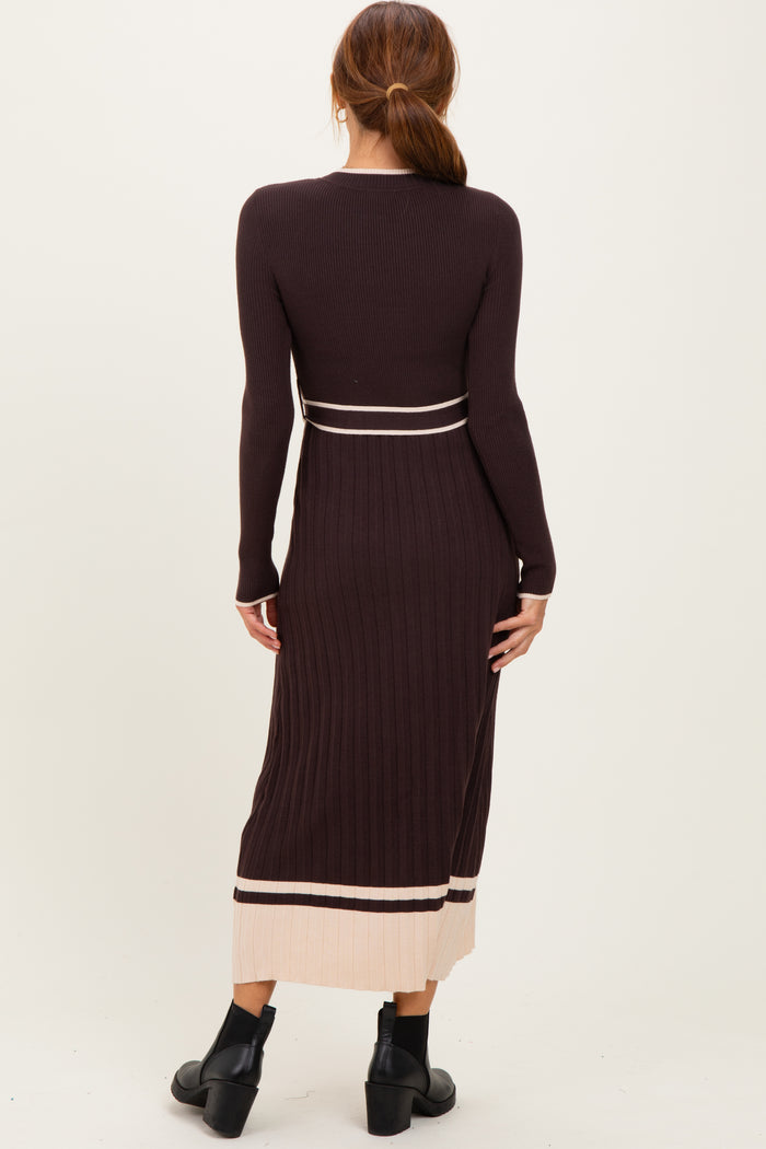 Brown Ribbed Midi Sweater Dress With Belt