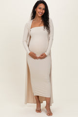 Taupe Ribbed Sleeveless Dress Cardigan Maternity Set