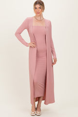 Mauve Ribbed Sleeveless Dress Cardigan Maternity Set
