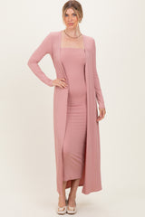 Mauve Ribbed Sleeveless Dress Cardigan Maternity Set