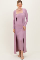 Violet Ribbed Sleeveless Dress Cardigan Set