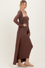 Brown Ribbed Sleeveless Dress Cardigan Set