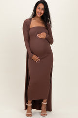 Brown Ribbed Sleeveless Dress Cardigan Maternity Set