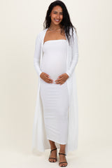 Ivory Ribbed Sleeveless Dress Cardigan Maternity Set