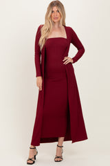 Burgundy Ribbed Sleeveless Dress Cardigan Maternity Set