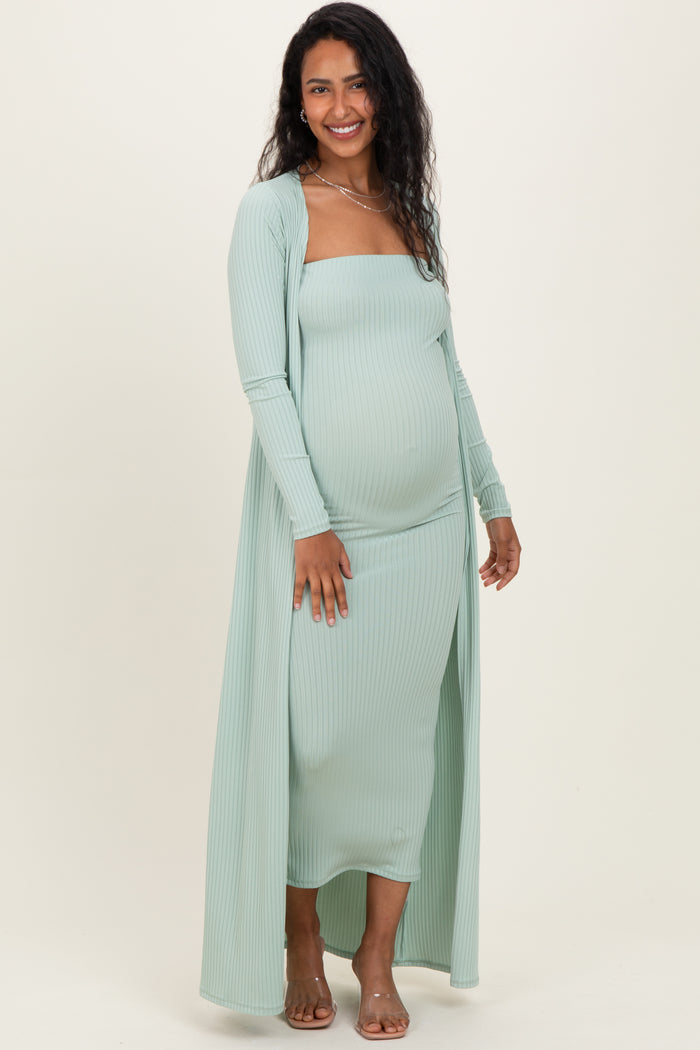 Sage Ribbed Sleeveless Dress Cardigan Maternity Set