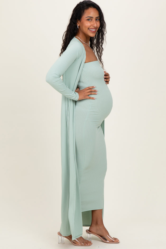 Sage Ribbed Sleeveless Dress Cardigan Maternity Set