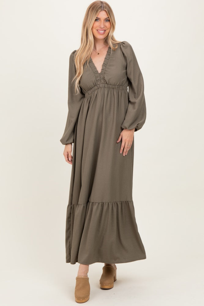 Forest Green Long Sleeve V-Neck Tiered Maxi Dress