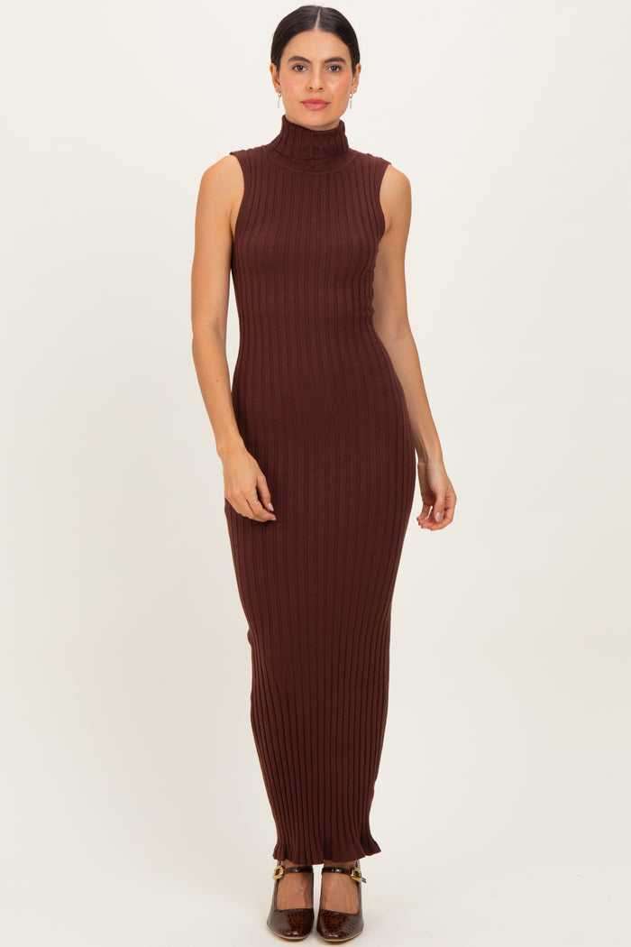 Brown Turtleneck Ribbed Knit Sleeveless Maxi Dress