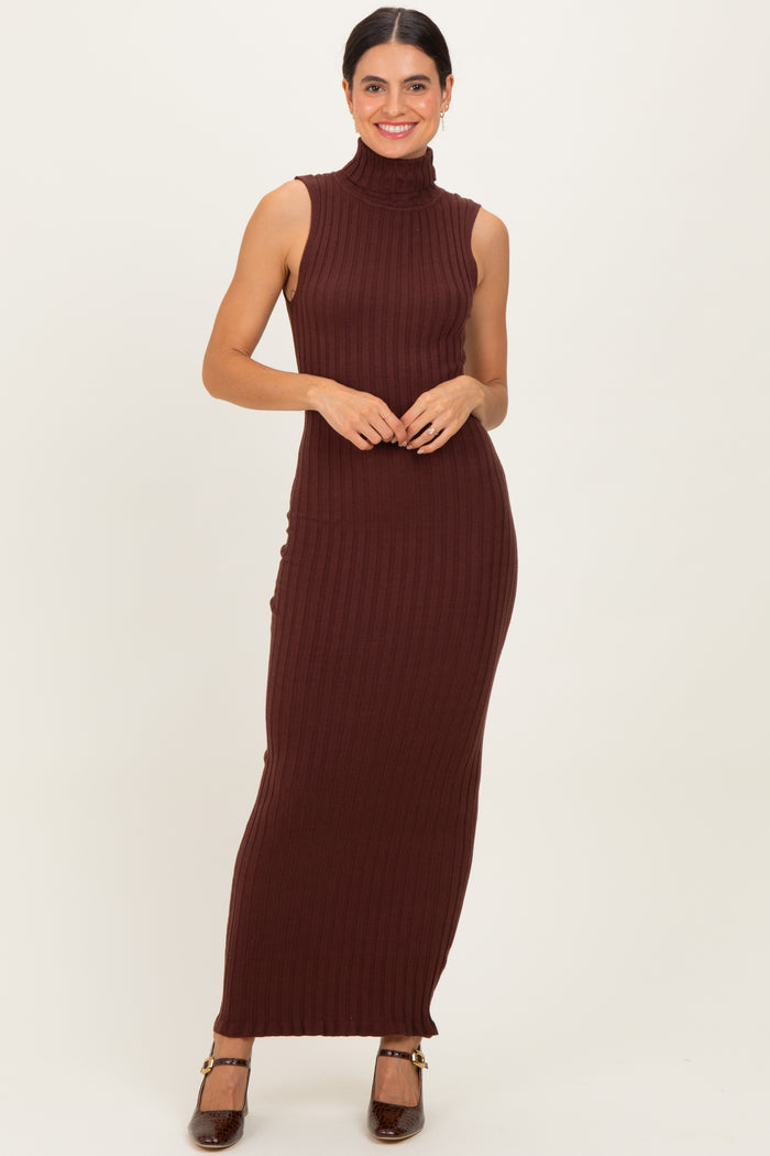 Brown Turtleneck Ribbed Knit Sleeveless Maxi Dress