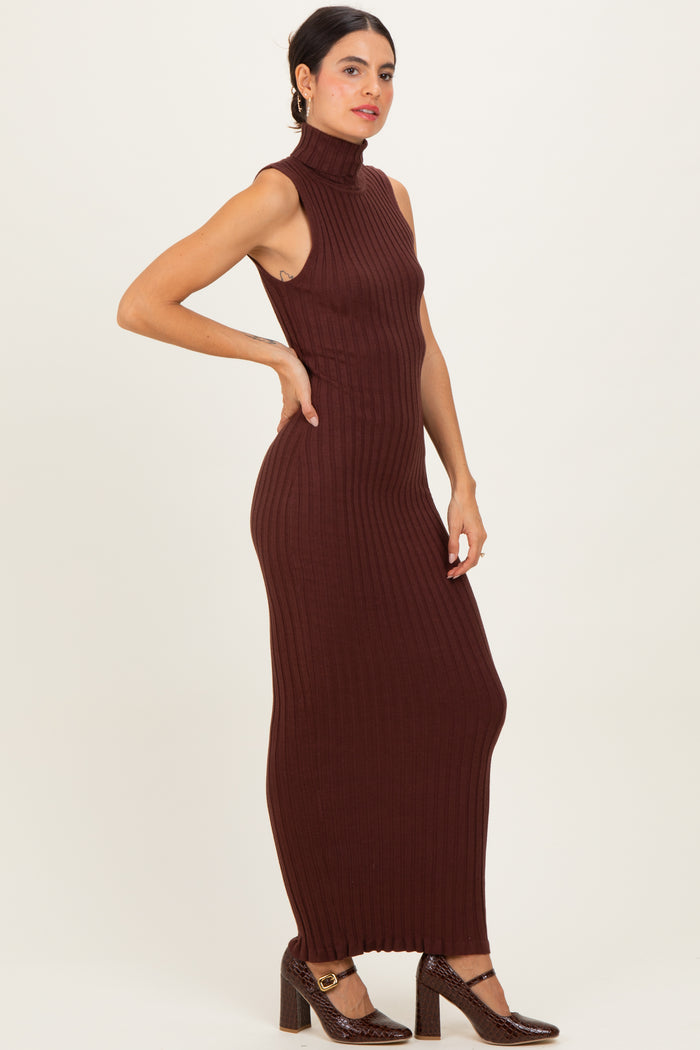 Brown Turtleneck Ribbed Knit Sleeveless Maxi Dress