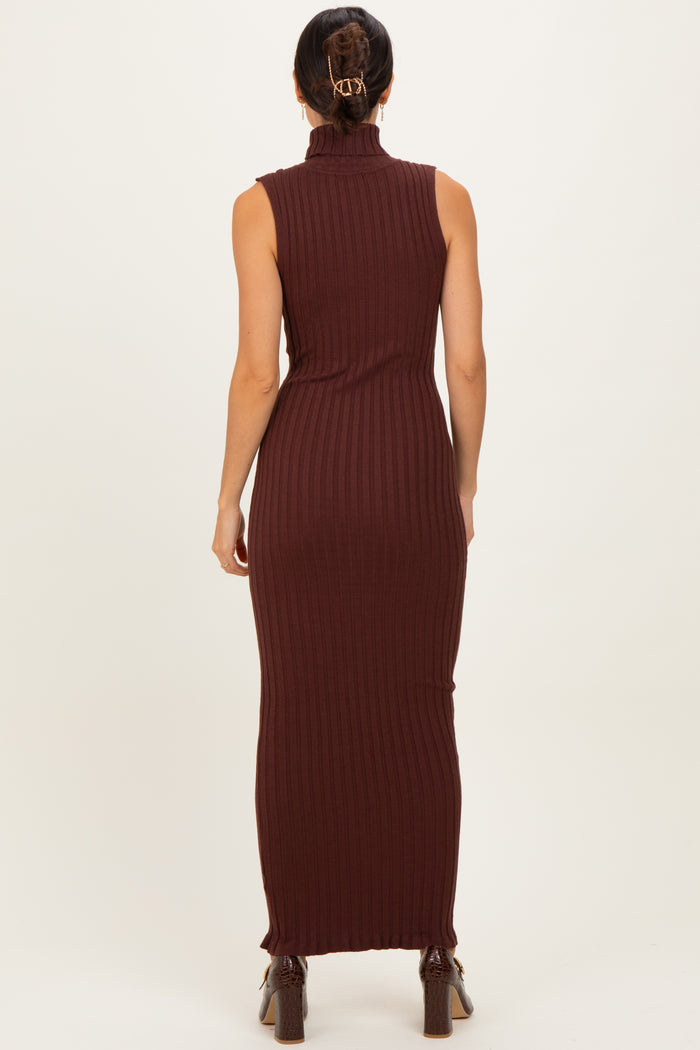 Brown Turtleneck Ribbed Knit Sleeveless Maxi Dress