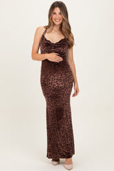 Brown Animal Print Halter Maternity Maxi Dress