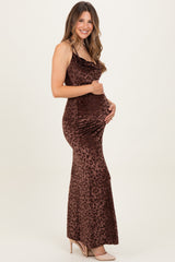 Brown Animal Print Halter Maternity Maxi Dress