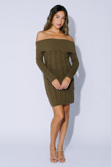 Olive Cable Knit Off Shoulder Mini Sweater Dress