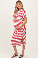 Red Striped Short Sleeve Maternity Midi Dress
