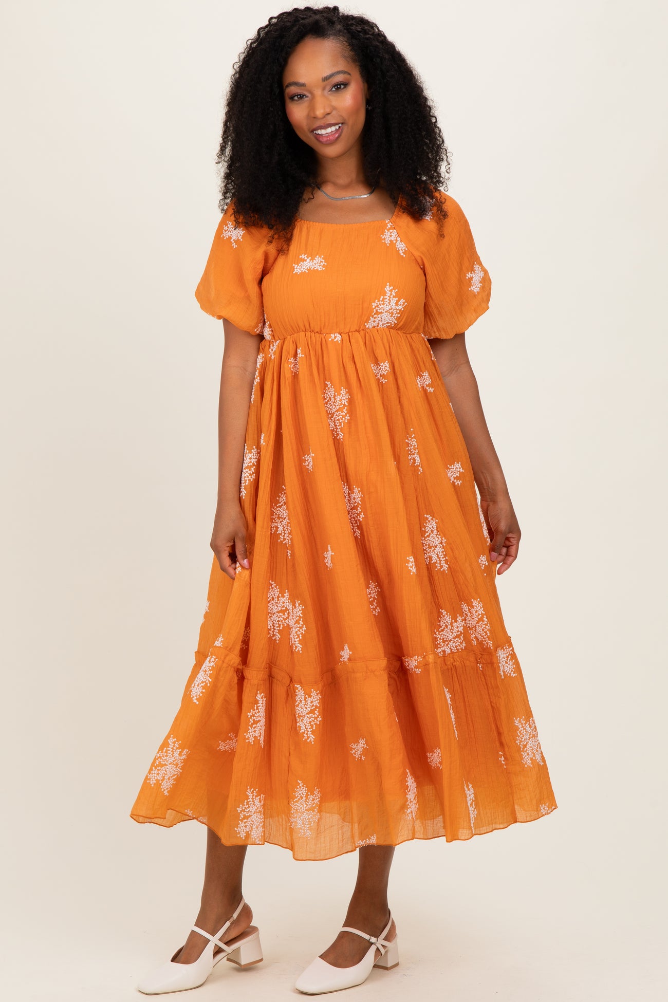 Tangerine Floral Print Ruffle Hem Maternity Midi Dress
