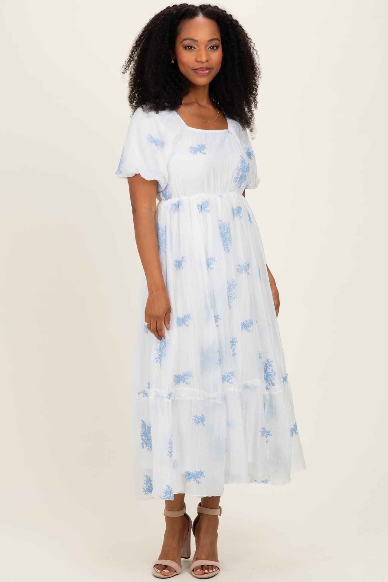 Ivory Floral Print Ruffle Hem Maternity Midi Dress