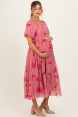 Pink Floral Print Ruffle Hem Maternity Midi Dress