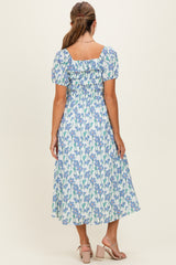 Blue Floral Smocked Ruffle Accent Midi Dress