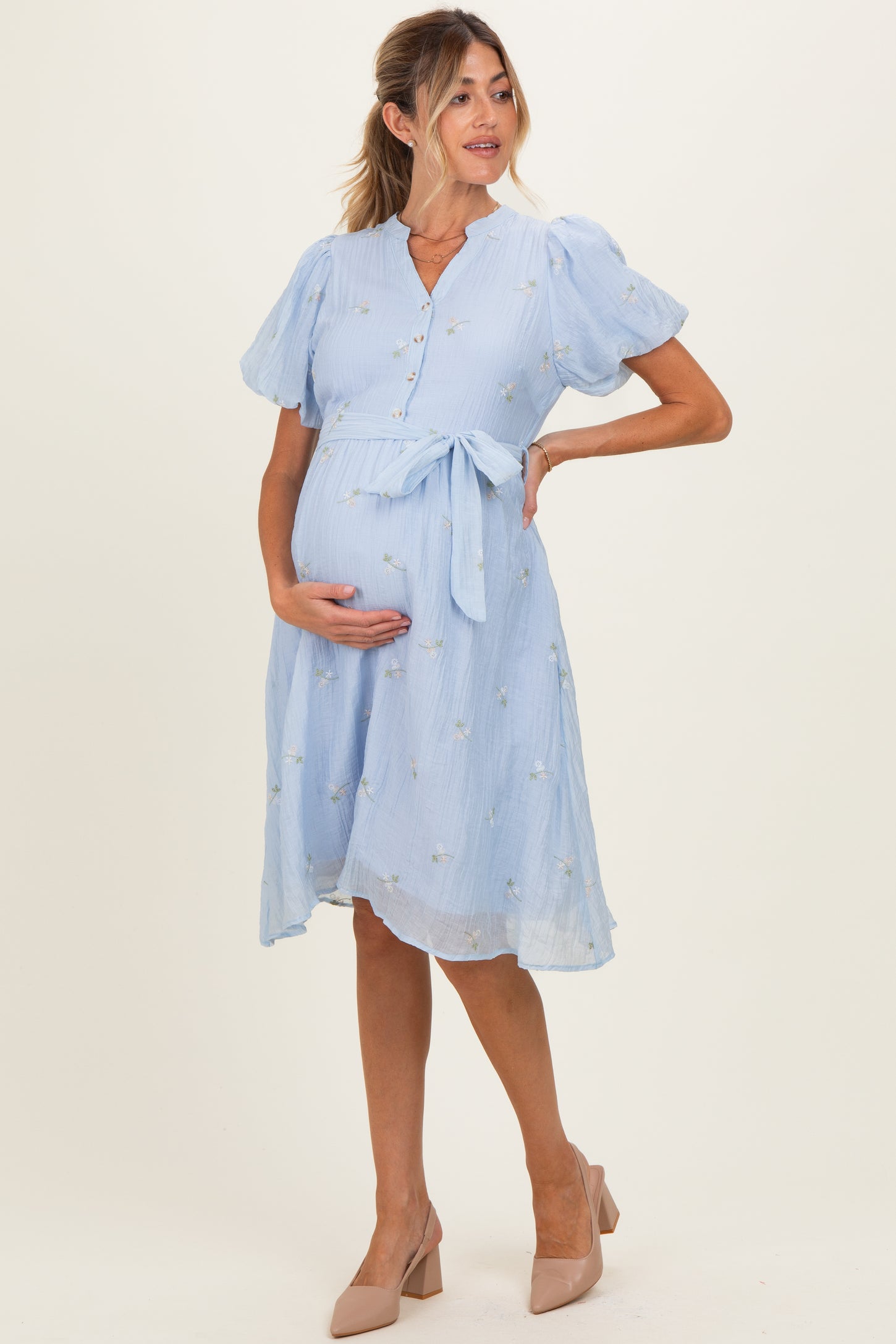 Blue Floral Embroidered Tie Waist Maternity Dress