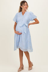 Blue Floral Embroidered Tie Waist Maternity Dress