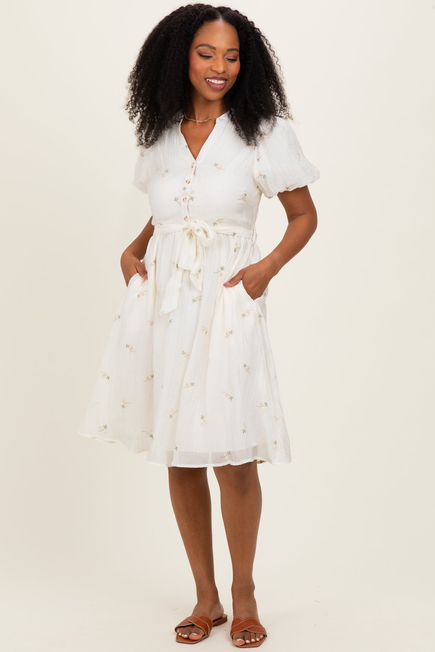 Cream Floral Embroidered Tie Waist Dress