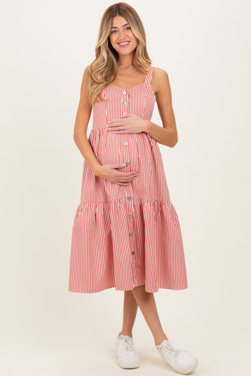 Red Striped Tiered Maternity Overall Dress