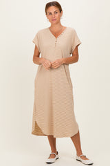 Camel Striped Button Detail Midi Dress